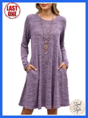 Plus Size Long Sleeve Sweater Dress with Pockets Crew Neck Knee Length